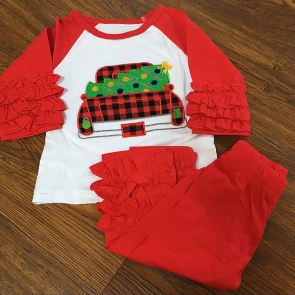 Christmas Tree 🎄 Truck Ruffle Top and Pants Set - Picture 2 of 6